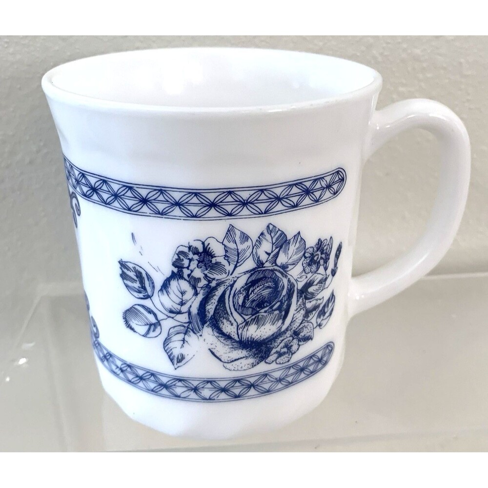 ARCOPAL France Honorine Blue Rose Floral Milk White Glass Coffee Tea Cup Mug
